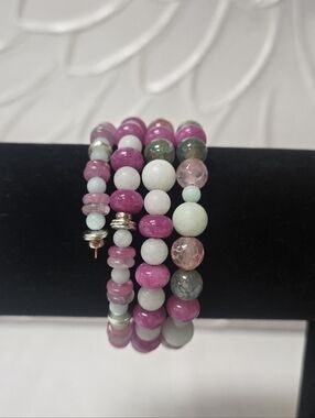 "Bella" Handcrafted Pink And Green Beaded Wrap Bracelet 3